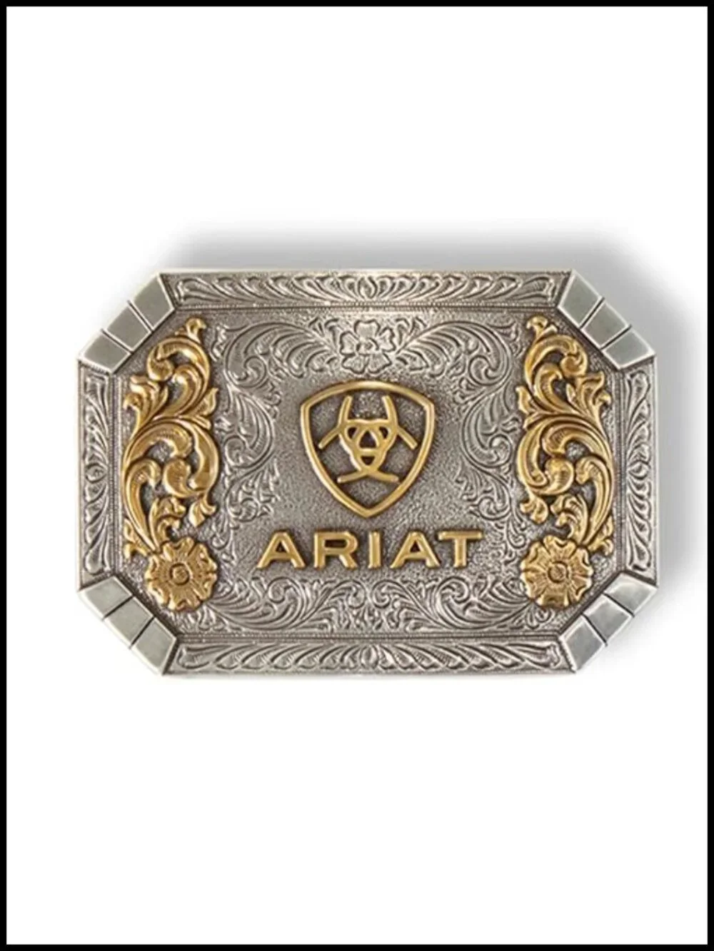 Vintage Style Floral Rectangle Belt Buckle, Polished Metal, Western Cowboy